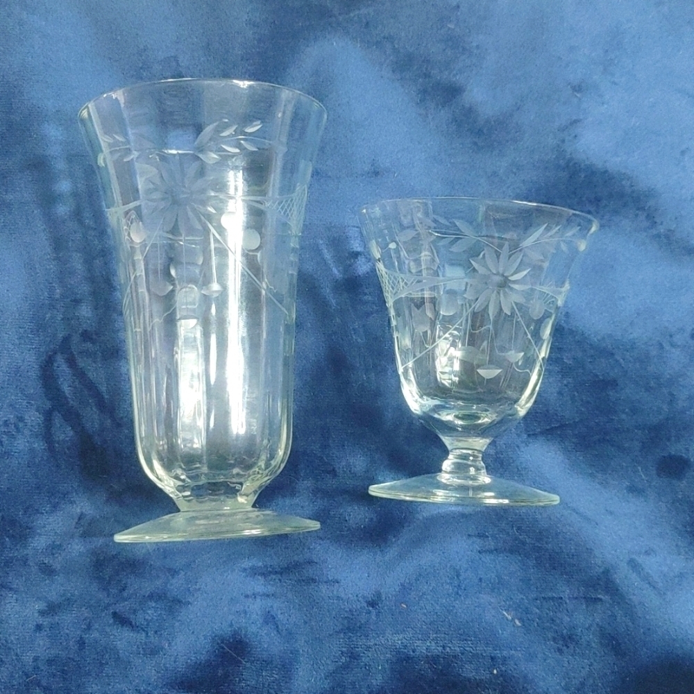 Pair of vintage cut crystal flower & trellis design juice and iced tea glass